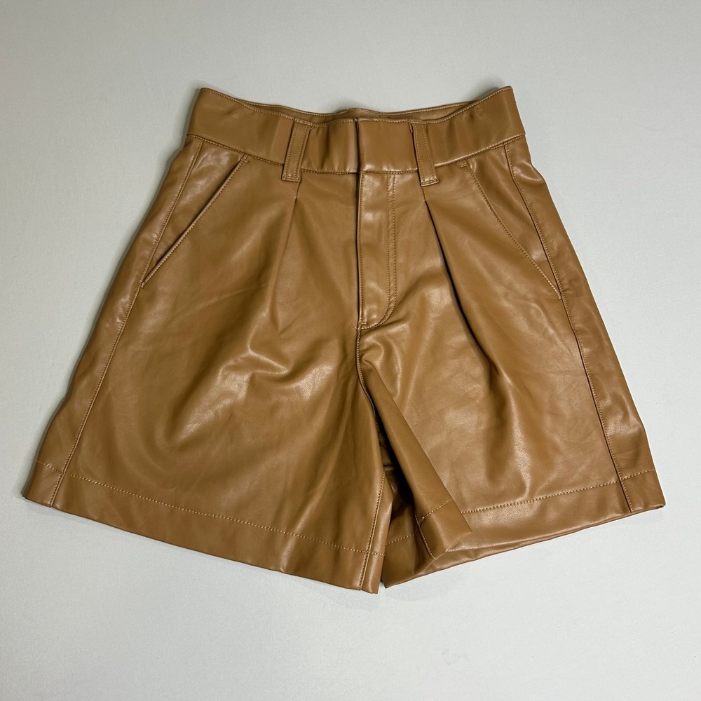 Abercrombie & Fitch Vegan Leather Pleated Shorts Tan Brown Womens XS High Rise